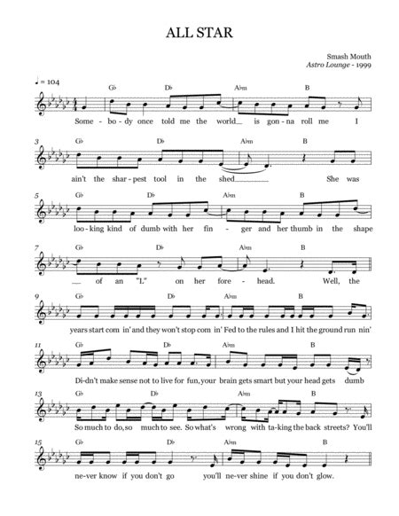 All Star Arr Brock Chart By Smash Mouth Sheet Music For Piano