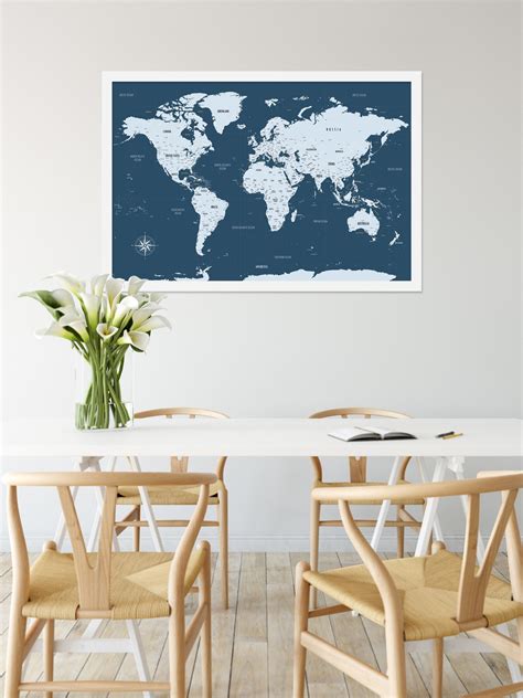 World Map Poster Blue Travel Map Wall Poster Cities - Etsy