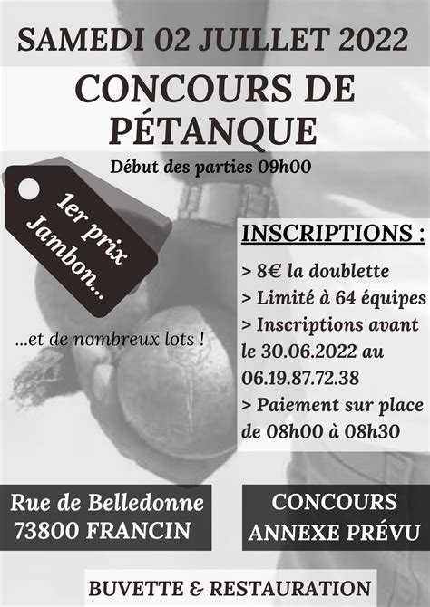 Concours de pétanque Ouvert à tous Francin 02 juillet 2022 Doublette