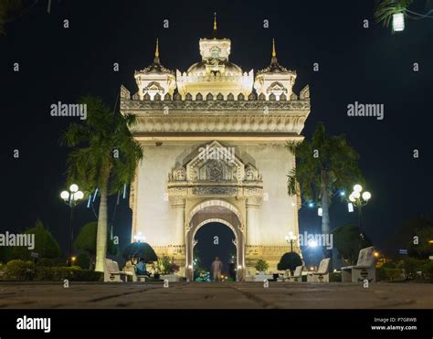 Exterior of Patuxai at night,Vientiane, Laos, Asia Stock Photo - Alamy