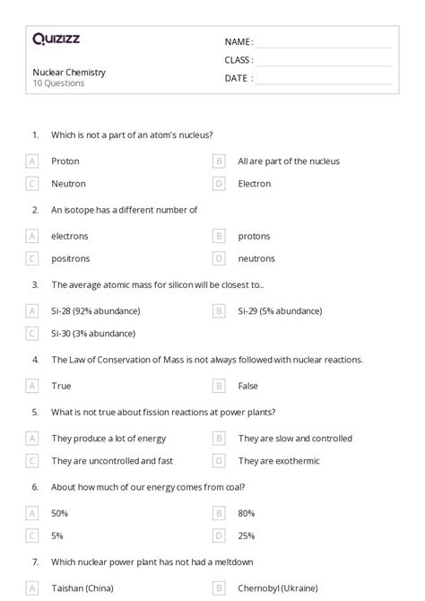 Chemistry Worksheets For Th Grade On Quizizz Free Printable