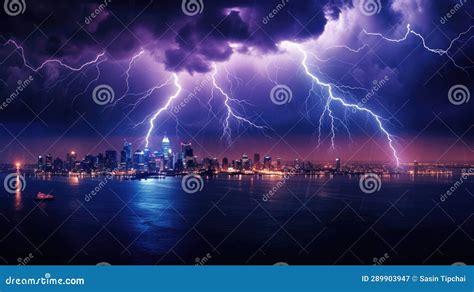 Lightning Storm Over City In Light At Night Stock Illustration