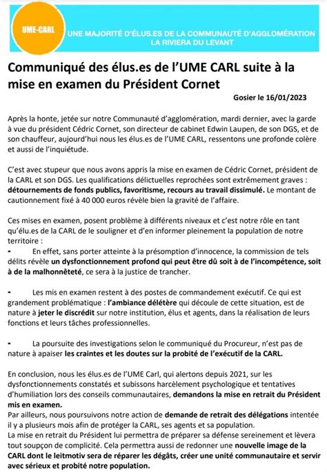 Une R Action Suite La Mise En Examen De Cedric Cornet Land