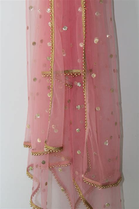 Baby Pink Net Dupatta With Golden Sequins Motifs Gold Border Etsy