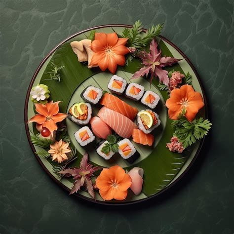 Premium Ai Image Photo A Plate Of Sushi And Sushi With Flowers And