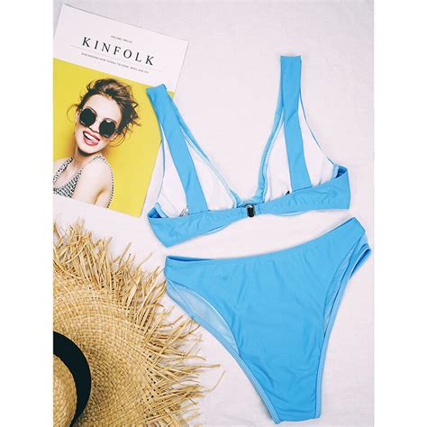 Bikini de cintura alta con realce para mujer traje de baño Sexy con escote en V profundo ropa