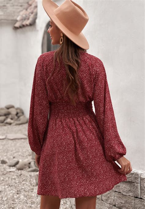 Long Sleeve Pleated Waist Slim Polka Dot Dress Ncocon