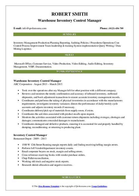 Inventory Control Manager Resume Samples QwikResume