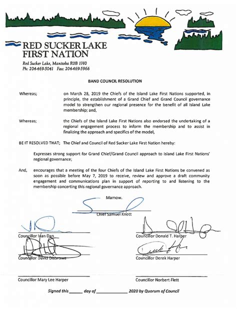 Red Sucker Lake Band Council Resolution Anishininew Okimawin