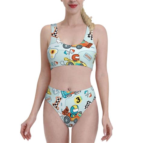 Haiem Cartoon Car Racing Women S High Waisted Bikini Set Two Piece