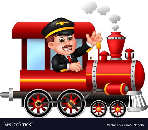 Funny machinist with red train cartoon Royalty Free Vector