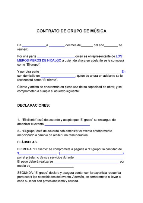 Modelo De Contrato De Grupo Musical Contrato De Grupo De MÚsica En A