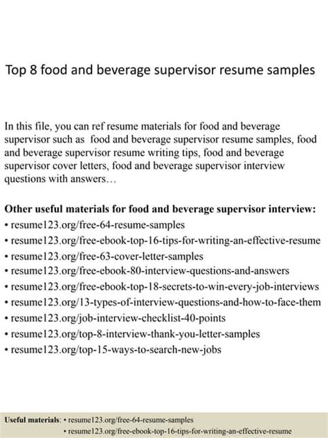 Top 8 Food And Beverage Supervisor Resume Samples Pdf