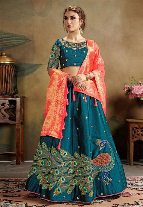 Teal Silk Circular Lehenga Choli 203814 Silk Lehenga Lehenga Choli