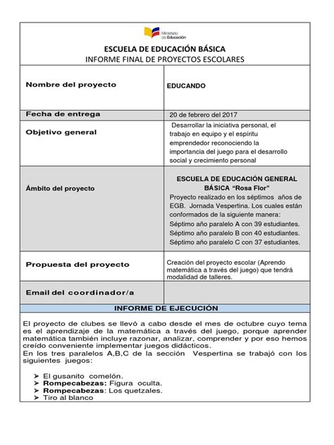 Modelo Informe De Proyecto Escolar Maestros Aprendizaje