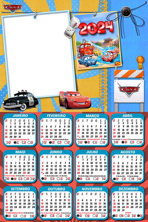 Calendário Carros Desenho 2024 Moldura Png Digital Grátis