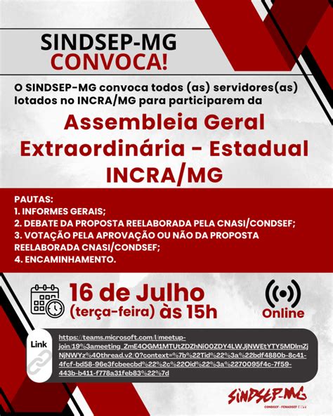 SINDSEP MG Convoca Servidores As Do INCRA MG Para Assembleia Geral