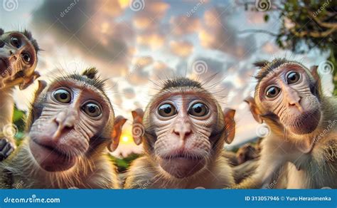 A Group Of Monkeys Standing Next To Each Other In Close Proximity Stock