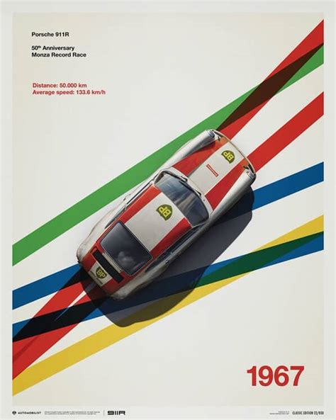 Plakat Porsche 911R BP Racing Monza 1967 Kunsttryk 40 X 50 Cm