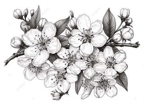 Un Dessin Lencre Dune Fleur De Pommier Pleine De Fleurs Blanches Png