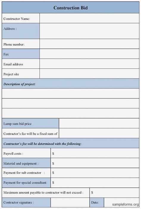 Construction Bid Sheet Template Free