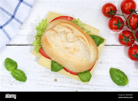 Sandwich Baguette With Cheese From Above On Wooden Board Wood Stock