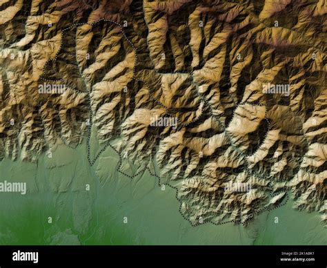 Samtse, district of Bhutan. Colored elevation map with lakes and rivers ...