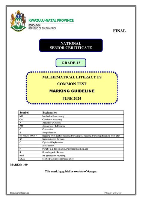 Mathematical Literacy P2 Gr12 Final June 2024 Final Memo Final Marks 100 This Marking