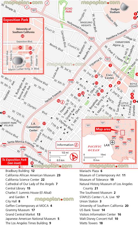 Los Angeles map - Downtown guide map of main attractions including ...