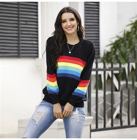 Sweater Women Autumn Winter Long Sleeve Rainbow Striped Top White Knit