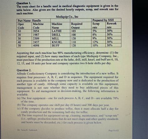 Solved Question 1 The Route Sheet For A Handle Used In