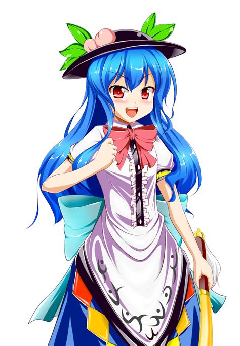 Safebooru Blue Hair Blush Bow Food Fruit Hat Hinanawi Tenshi Honda