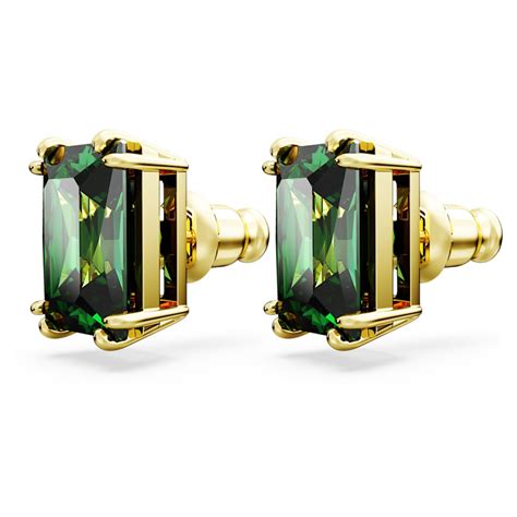 Matrix Stud Earrings Rectangular Cut Green Gold Tone Plated Swarovski