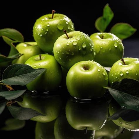 Premium AI Image | Green apples with leaves on a black background