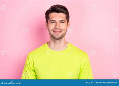 Photo Of Optimistic Brunet Hairdo Young Guy Wear Green T Shirt Isolated On Pink Color Background