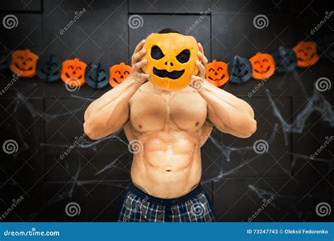 Halloween Bodybuilder With Pumpkin Stock Image Image Of Beautiful