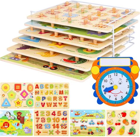 Asher and Olivia Wooden Toddler Puzzles & Storage, 6-Pack