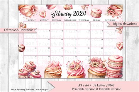 EDITABLE February 2024 Calendar Happy Valentine With Sweet Treats