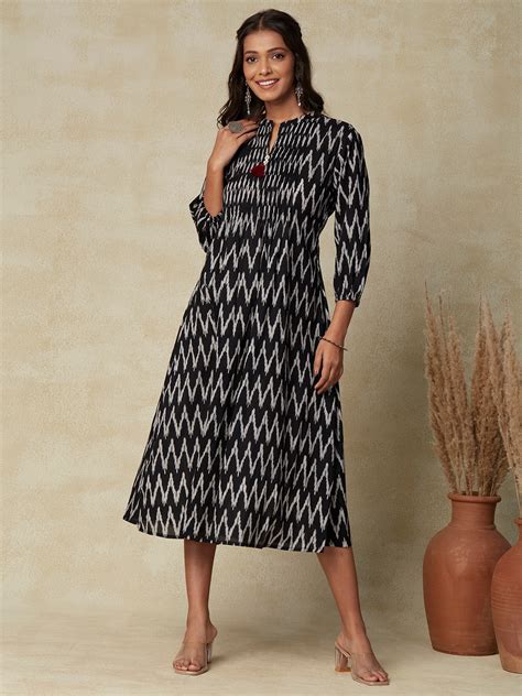 Buy Fashor Black Striped Puff Sleeves Cotton A Line Midi Dress