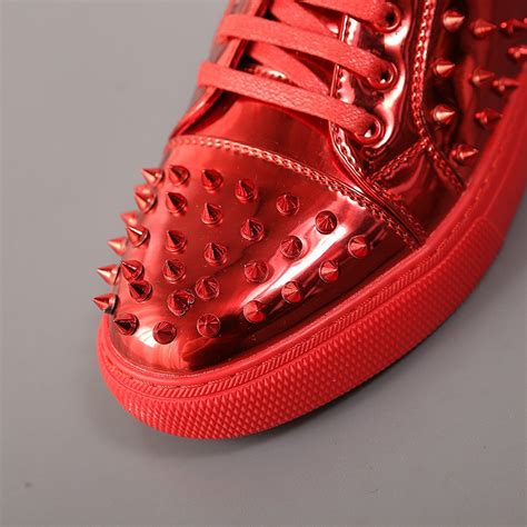 Red Metallic Patent Spikes Punk Rock Mens Lace Up Sneakers Shoes