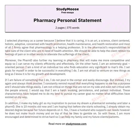 Pharmacy Personal Statement Free Essay Example