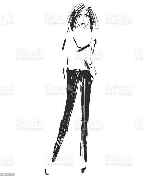 Fashion Model Sketch Vector Illustration Girl In The Shirt And Pants Stock Illustration