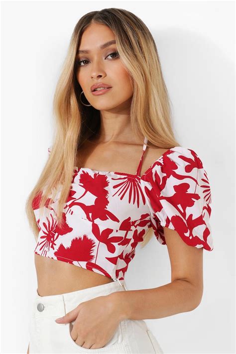 Woven Floral Printed Ruched Bust Top Boohoo Nz