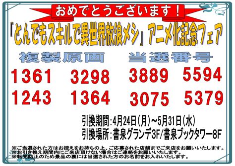 【当選番号発表】『とんでもスキルで異世界放浪メシ』アニメ化記念フェア 複製原画 抽選プレゼント当選番号 【書泉】神保町秋葉原の書店