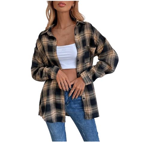 Apexfwdt Women S Oversized Flannel Plaid Shacket Jacket Lapel Button Down Long Shirt Jackets