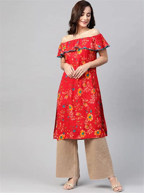 Jompers Women Red And Yellow Floral Printed Straight Kurta Jok 1387 Re Jompers Wholesale