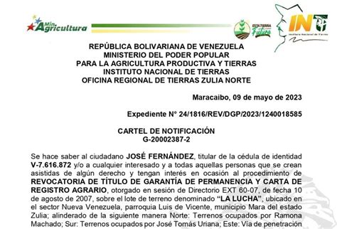 INTI Cartel de Notificación de Revocatoria a José Fernández Qué Pasa