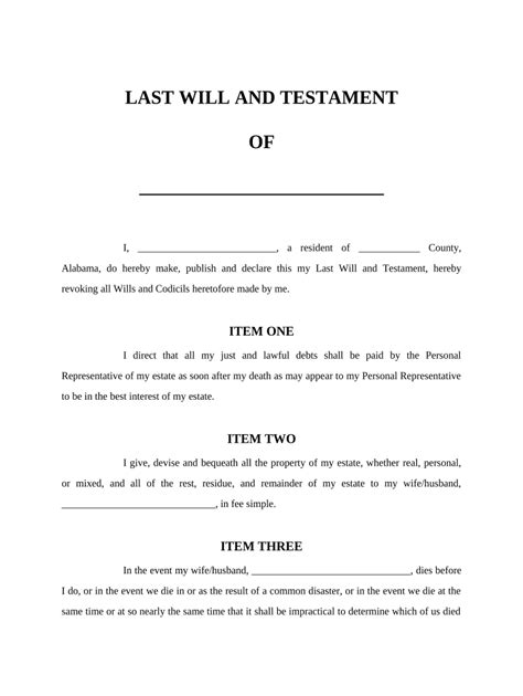 Last Will And Testament Alabama Template