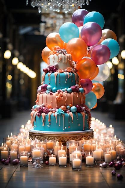 Premium Photo Layered Birthday Cake Surrounded With Candles And