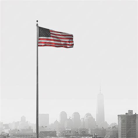 Big American Flag Misty City Background Urban Atmosphere | Premium AI